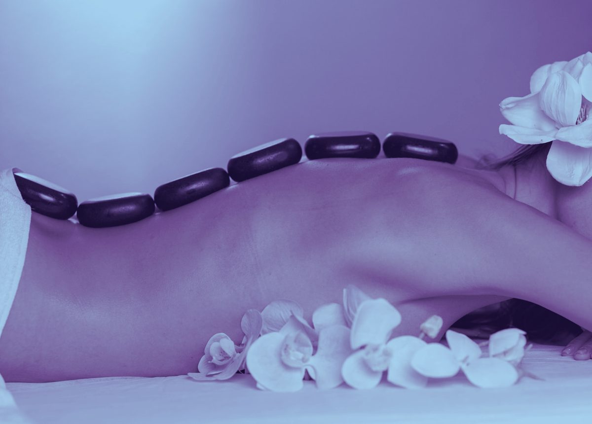 Smooth stones laid along a relaxed back beside soft orchid blooms, in cool violet light